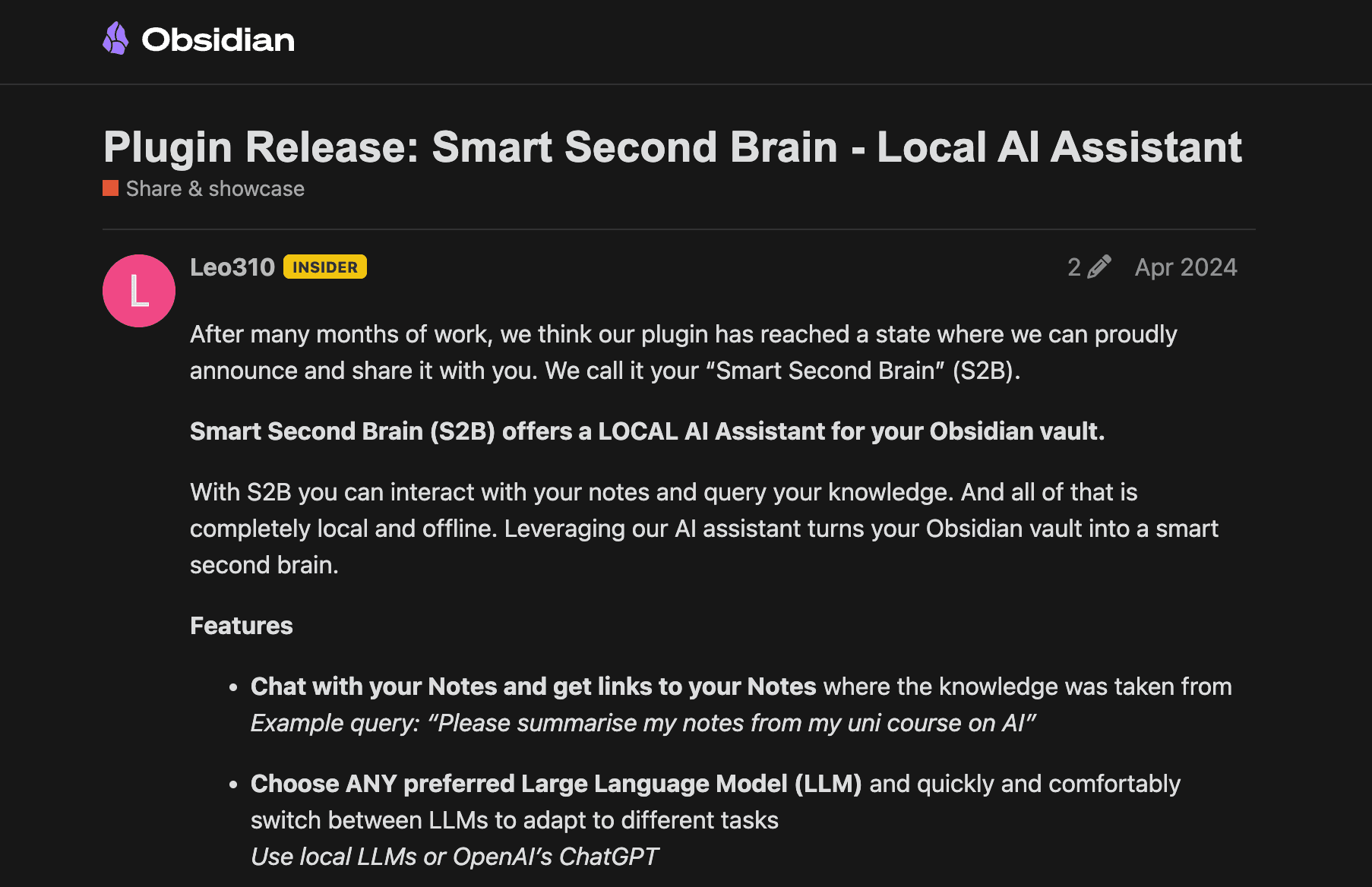 Obsidian forum — Smart Second Brain plugin release