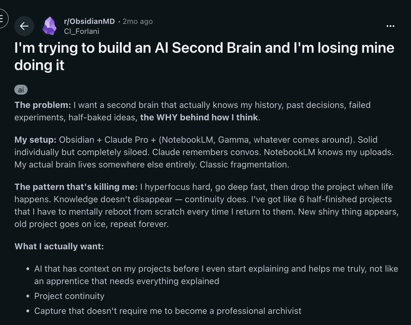 Reddit post about building an AI second brain